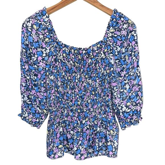Nanette Lepore Blue Floral Smocked Peasant Blouse Size Small - Picture 1 of 10